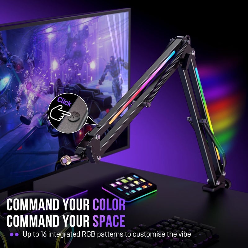 FIFINE ذراع ميكروفون قابل للتعديل، حامل ميكروفون معدني مع تحكم RGB، محول برغي 3/8” إلى 5/8”، مشبك تثبيت على المكتب، حامل ميكروفون معلق لستريمينغ الألعاب والبودكاست - AmpliGame BM38 - Image 4